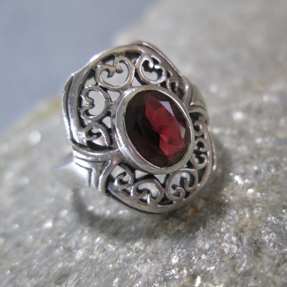 WhyteWing Jewelry - Artisan Oval Cut Garnet Ring, Sterling Silver Sz 8